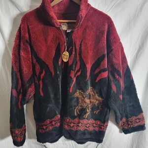 Men's Red and Black Zip-Up Sweater with Horse Design